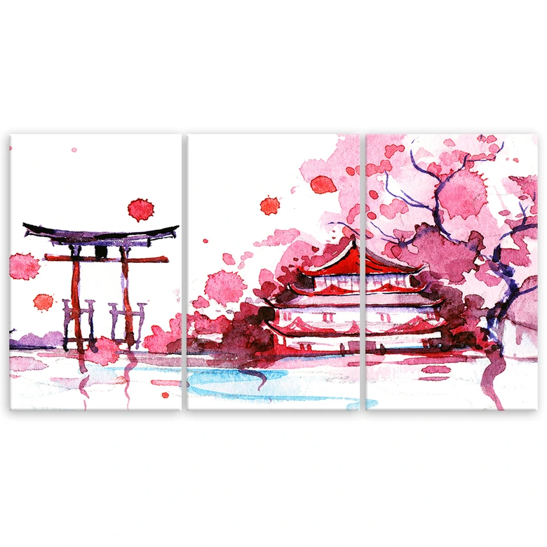 Leinwandbild 3-teilig, Japan Rosa Landschaft 