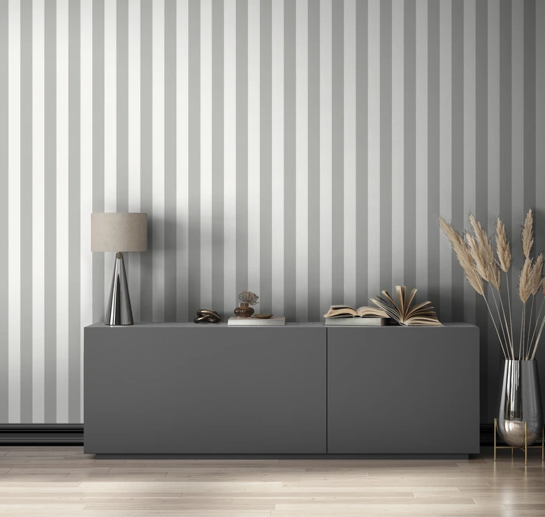 Vliestapete mit strukturierten Blockstreifen weiß, grau Streifen 