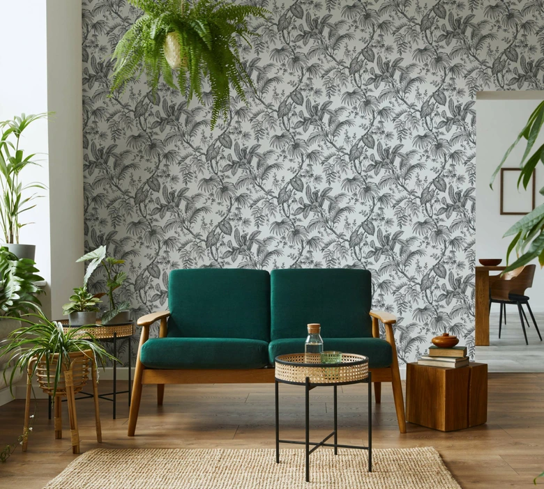Vliestapete mit Pflanzen im Dschungel-Style weiß, schwarz Floral 
