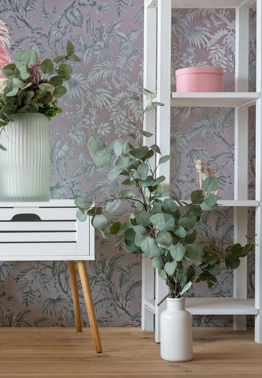 Vliestapete mit Pflanzen im Dschungel-Style rosa, silber Floral 