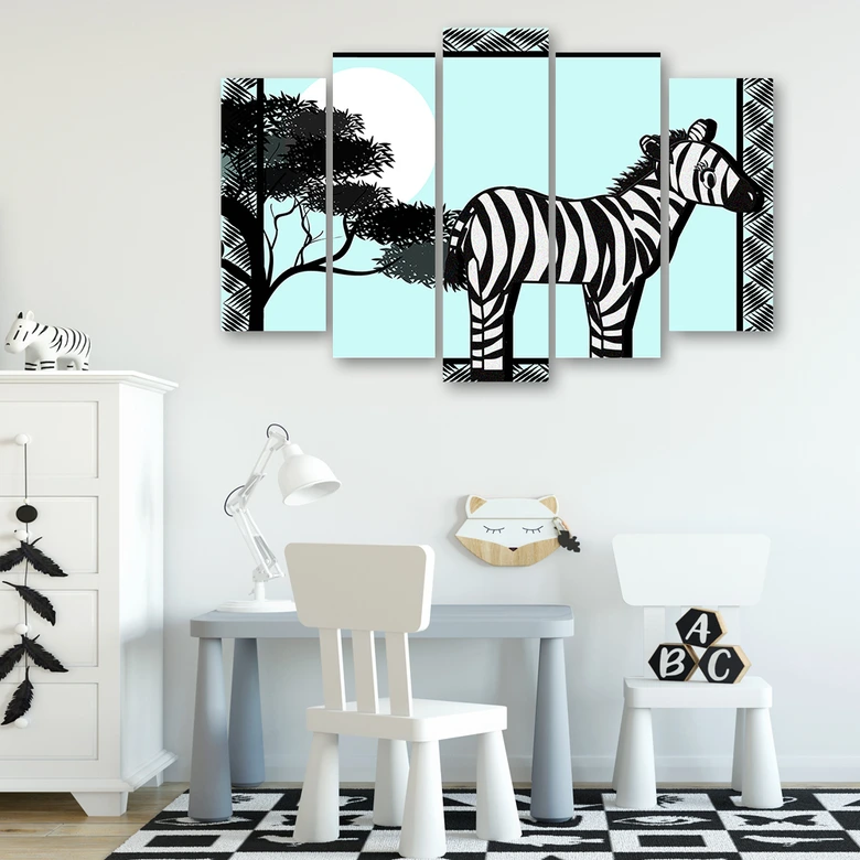Leinwandbild 5 teilig, Zebra Safari Blau 