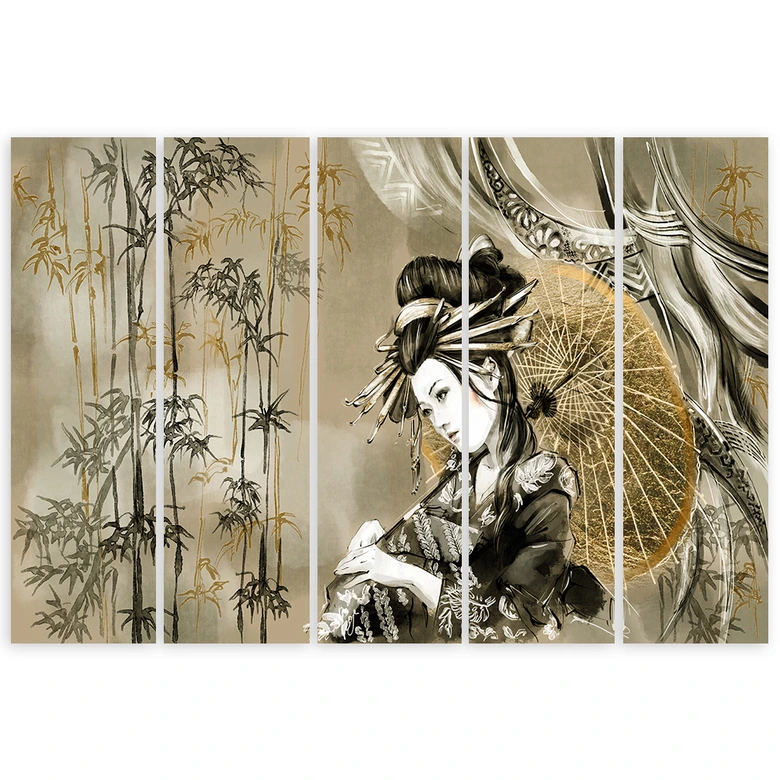 Leinwandbild 5 teilig, Geisha und Bambus 