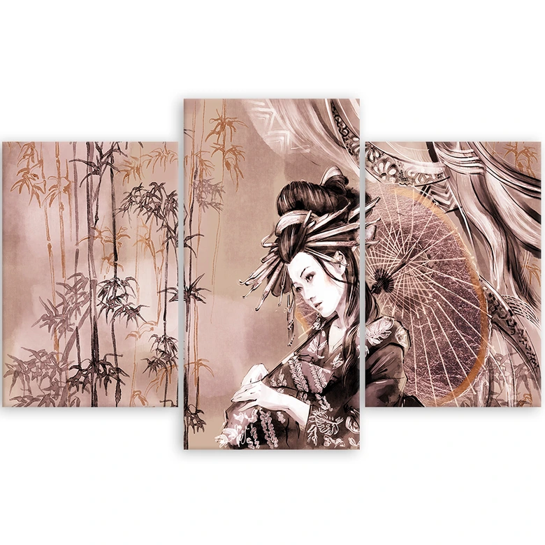Leinwandbild 3 teilig, Geisha und Bambus 