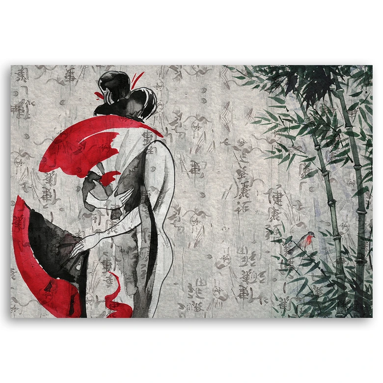 Canvas schilderij, Japanse geisha met een ventilator 