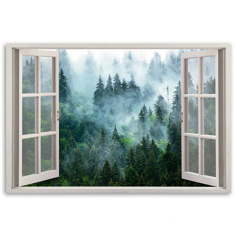 Leinwandbild, Fensterblick Wald im Nebel Natur 