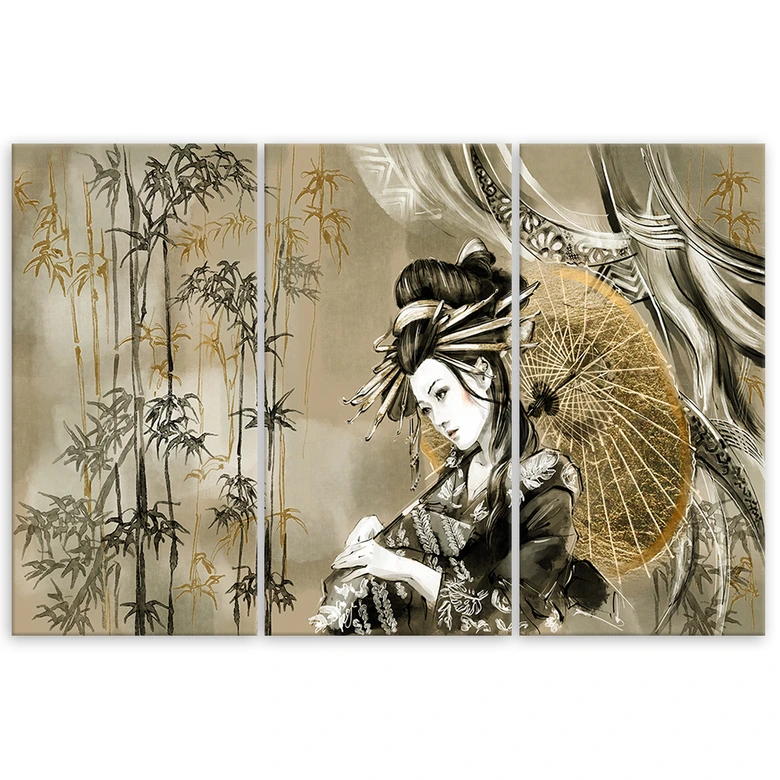 Leinwandbild 3 teilig, Geisha und Bambus 