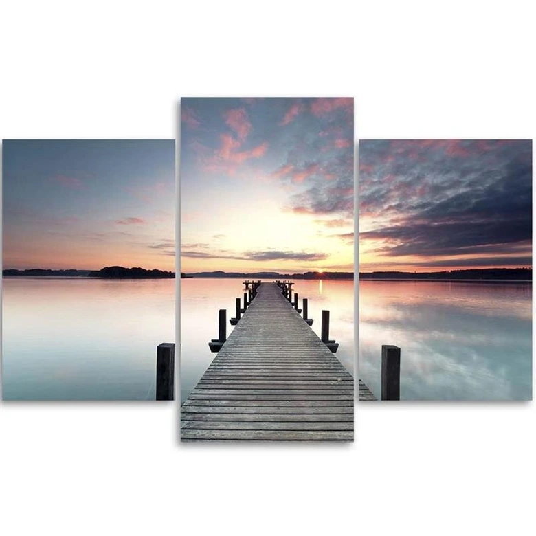 Leinwandbild 3-teilig, Steg See Sonnenuntergang 