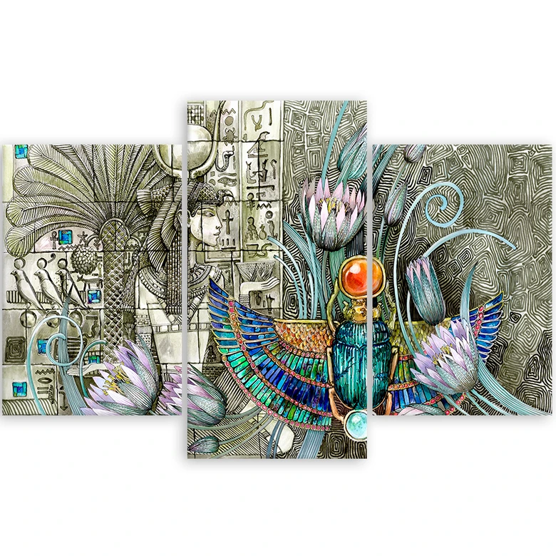 Leinwandbild 3 teilig, Ägyptische Hieroglyphen und Skarabäen 