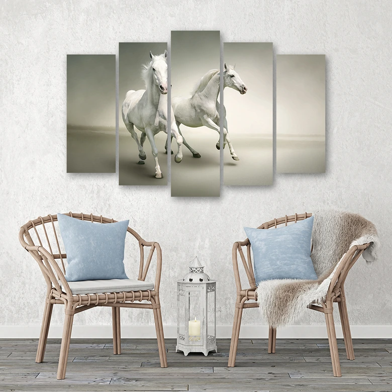 Wandbild 5-teilig, Weiße Pferde im Galopp 