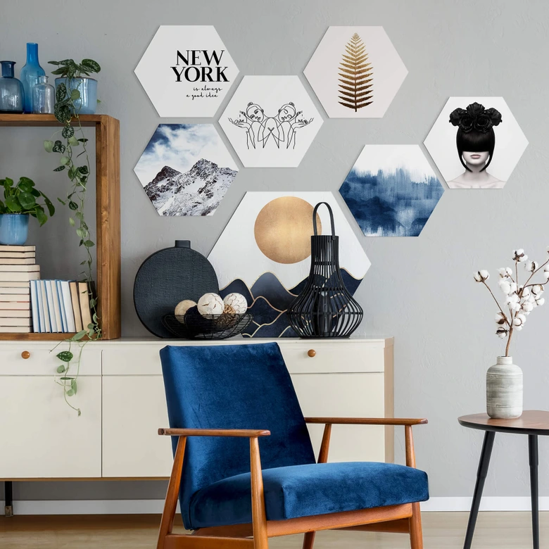 Hexagon - Alu-Dibond Nouveauprints - Watercolour Brush Strokes (blau) 