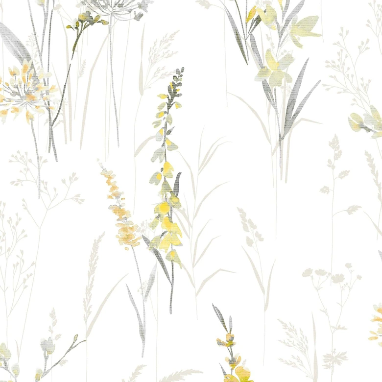 Vliestapete Blumen, Blätter Floral Natur matt in Weiß Gelb 