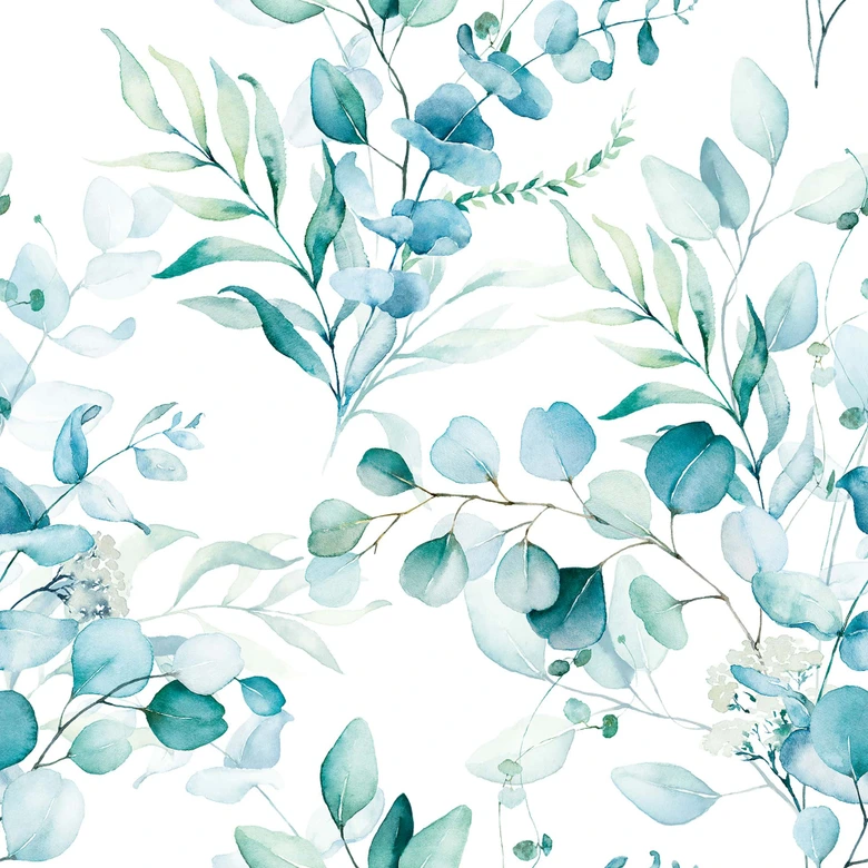 Vliesbehang bladeren, takken bloem natuur mat in wit blauw 