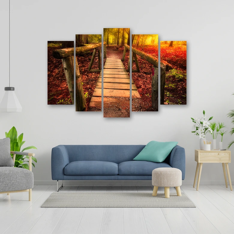 Leinwandbild 5 teilig, Herbst Wald Blätter Brücke 