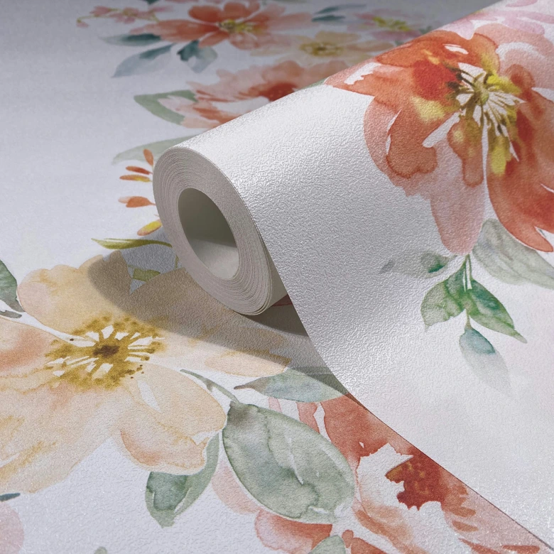 Vliestapete Blumen Floral Natur, Romantisch, Modern matt in Weiß Orange 