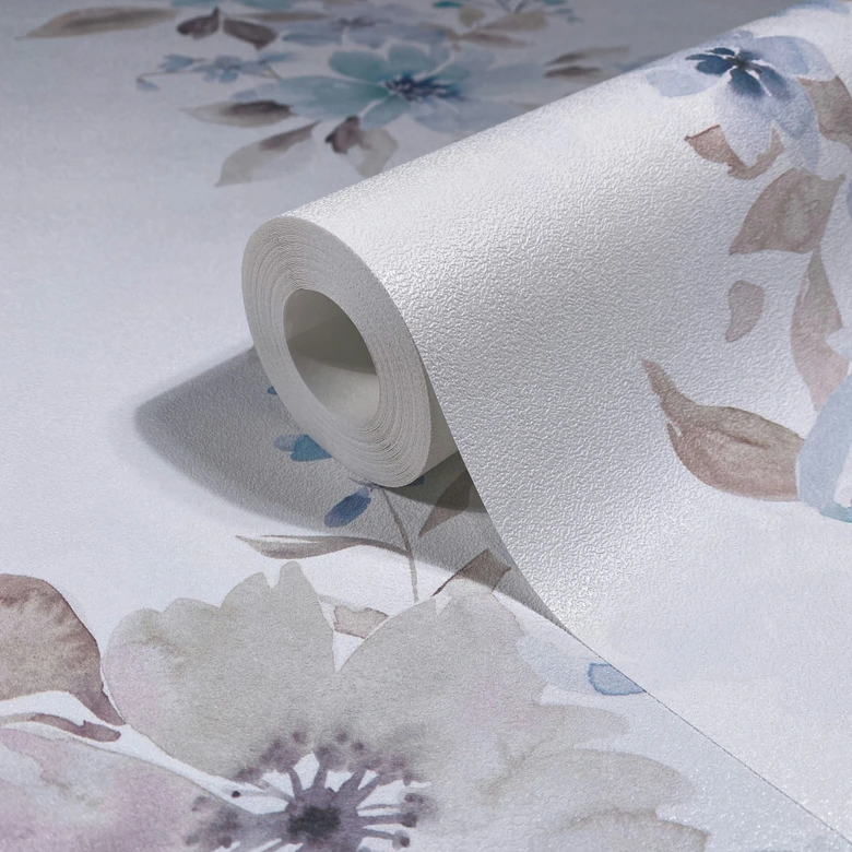 Icke-vävd tapet blommor blommig natur, romantisk matt i vitt blått 