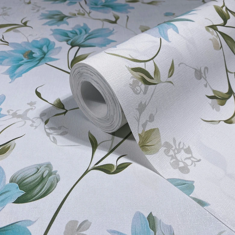Vliestapete Blumen, Blätter Floral Natur matt in Weiß Grün Blau 