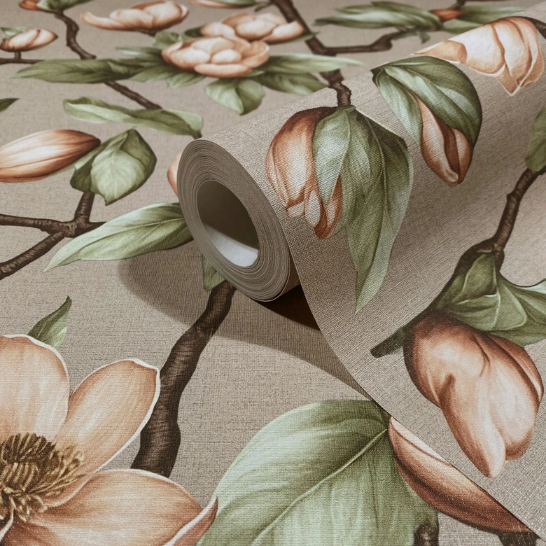 Vliestapete Äste, Blumen Floral Natur matt in Grau Braun Grün 