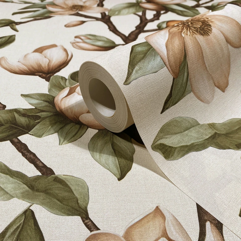 Vliesbehang takken, bloemen bloemen natuur mat in beige bruin groen 