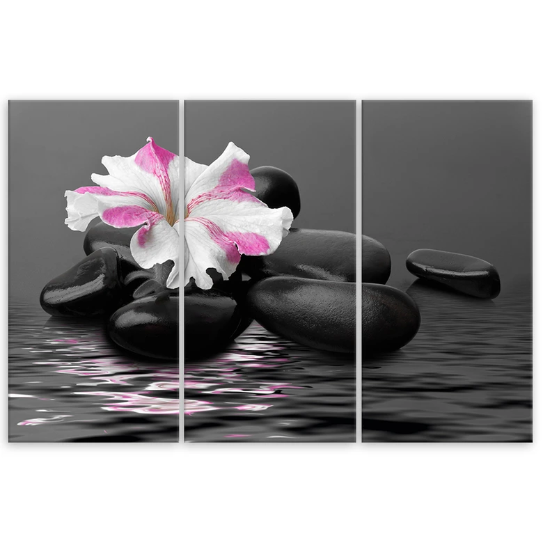 Leinwandbild 3-teilig, Rosa Zen-Blütensteine 