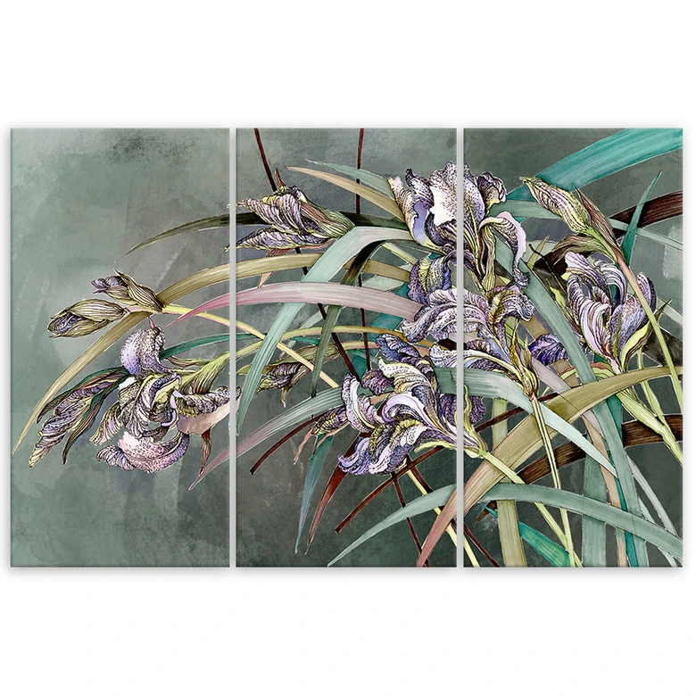 Leinwandbild 3 teilig, Iris Blumen im Wind 