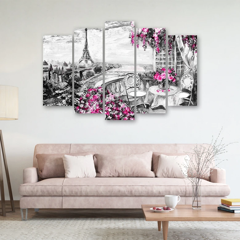 Leinwandbild 5 teilig, Pariser Turm Ansicht Pastell 