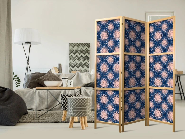 Japanischer Paravent, Raumteiler freistehend, Trennwand - Sunny Patterns: Repeating Sun Motif 