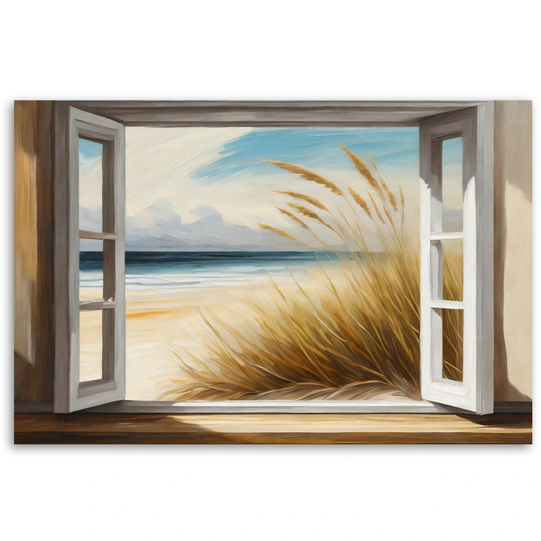 Leinwandbild, Blick aus dem Fenster auf den Strand 