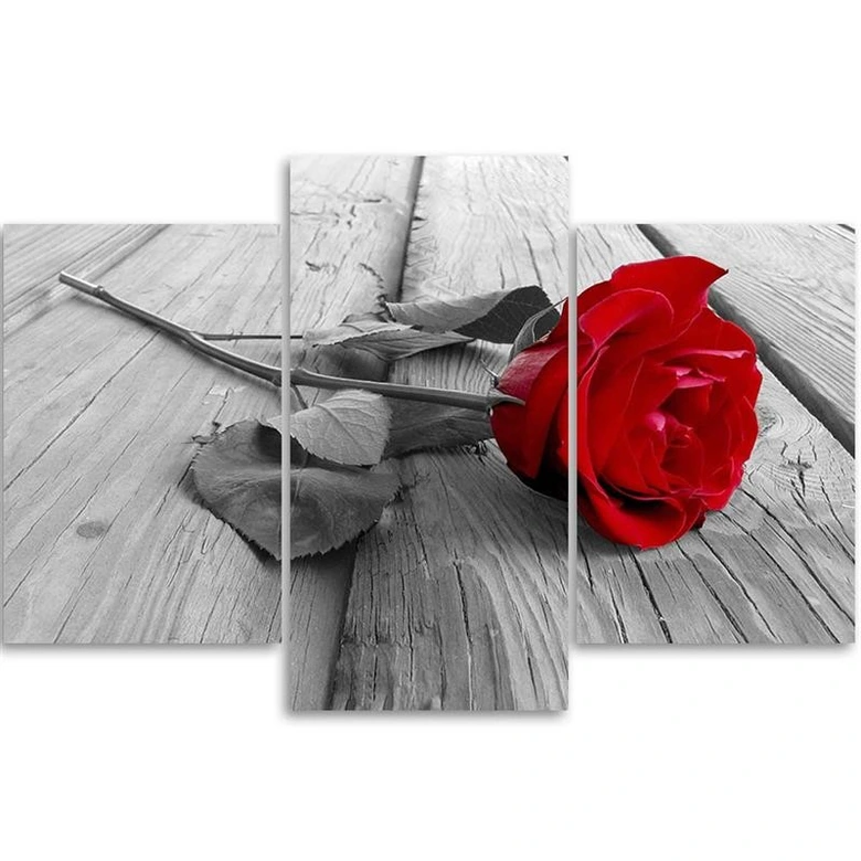 Leinwandbild 3-teilig, Rose Blumen Holz Steg 