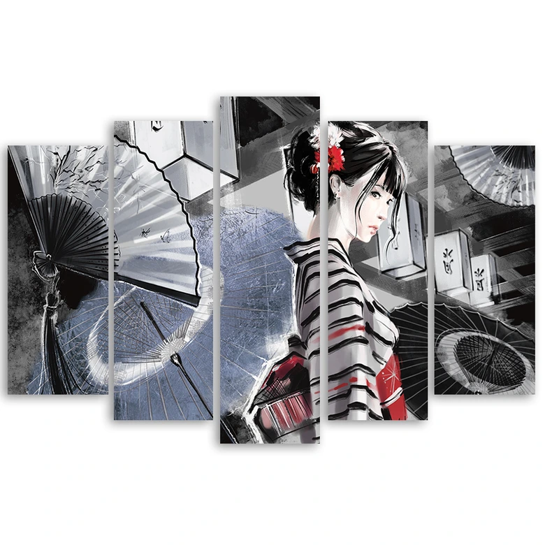 Leinwandbild 5 teilig, Geisha mit einem Fan 