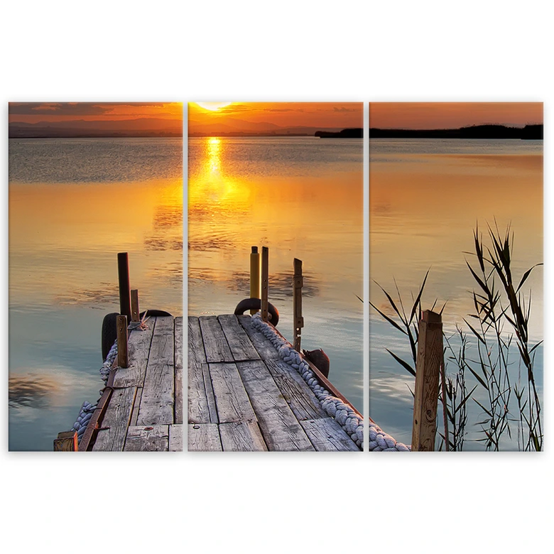Leinwandbild 3-teilig, Sonnenuntergang Steg See Natur 