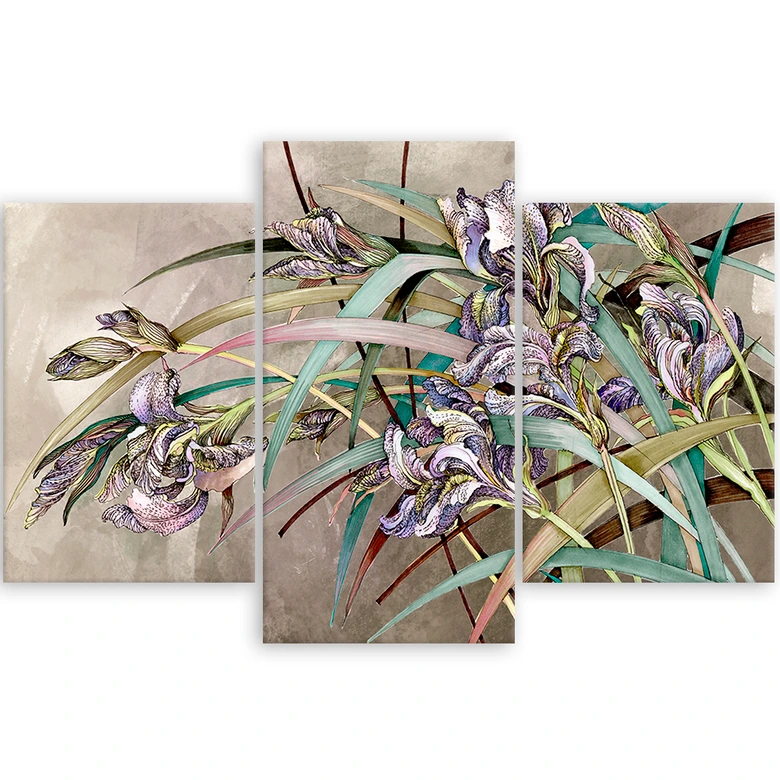 Leinwandbild 3 teilig, Iris Blumen im Wind 