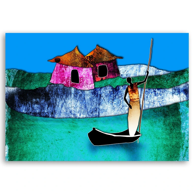 Canvas schilderij, Afrikaanse vrouw in een boot 