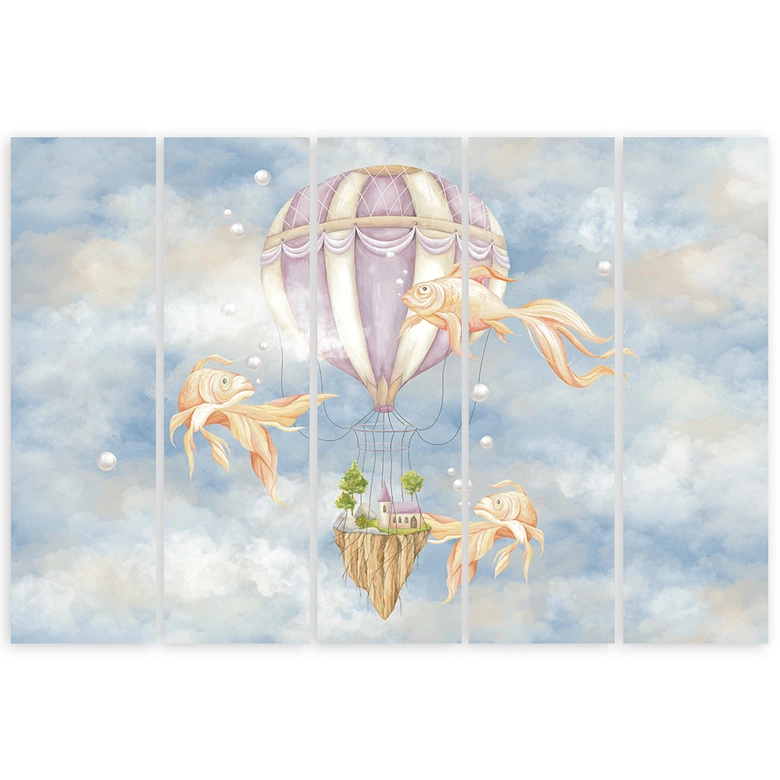 Leinwandbild 5 teilig, Heißluftballon fliegendes Haus und Fisch 