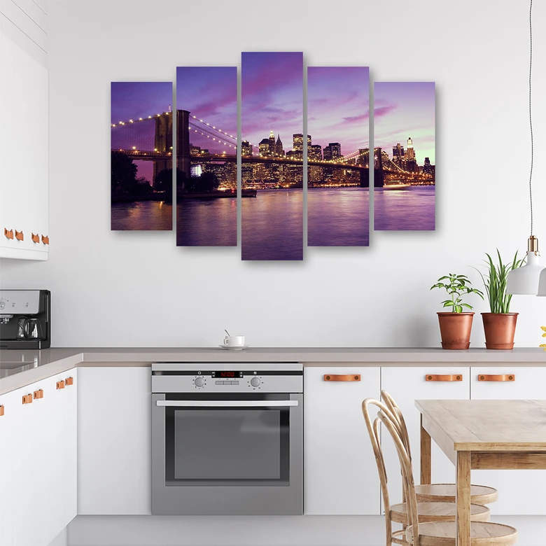 Wandbild 5-teilig, New York Brooklyn Bridge Lila 