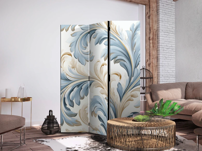 Paravent, Raumteiler freistehend, Trennwand - Baroque Ornaments in Light Creamy Blue Colors 