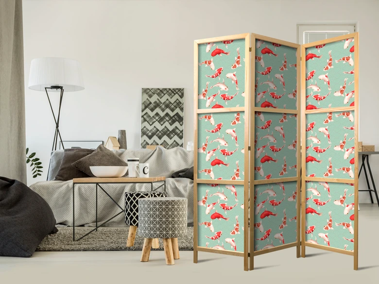 Japanischer Paravent, Raumteiler freistehend, Trennwand - Fish and Japanese Pattern 
