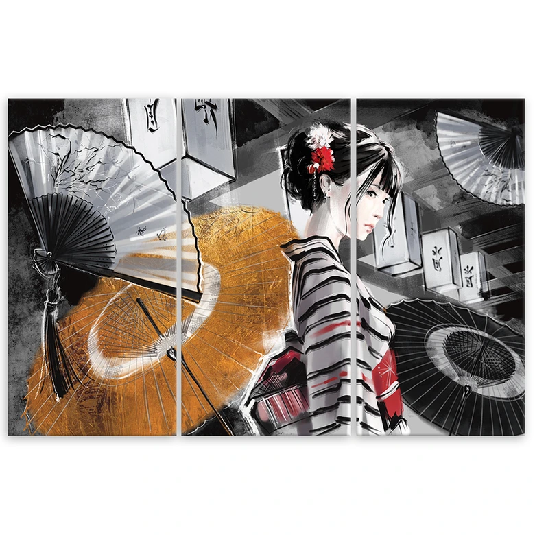 Leinwandbild 3 teilig, Geisha mit einem Fan 