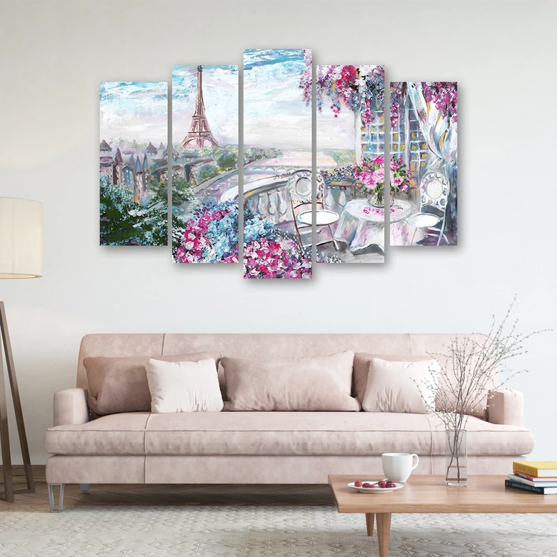 Leinwandbild 5 teilig, Pariser Eiffelturm - Landschaft - Pastell 
