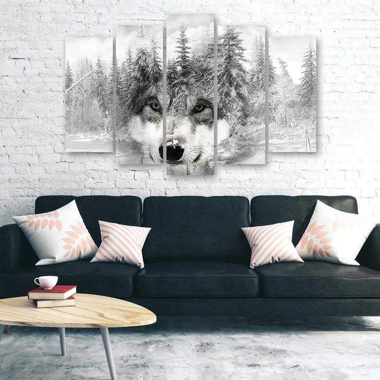 5-delige canvasprint, Wolf Forest Nature Grey 