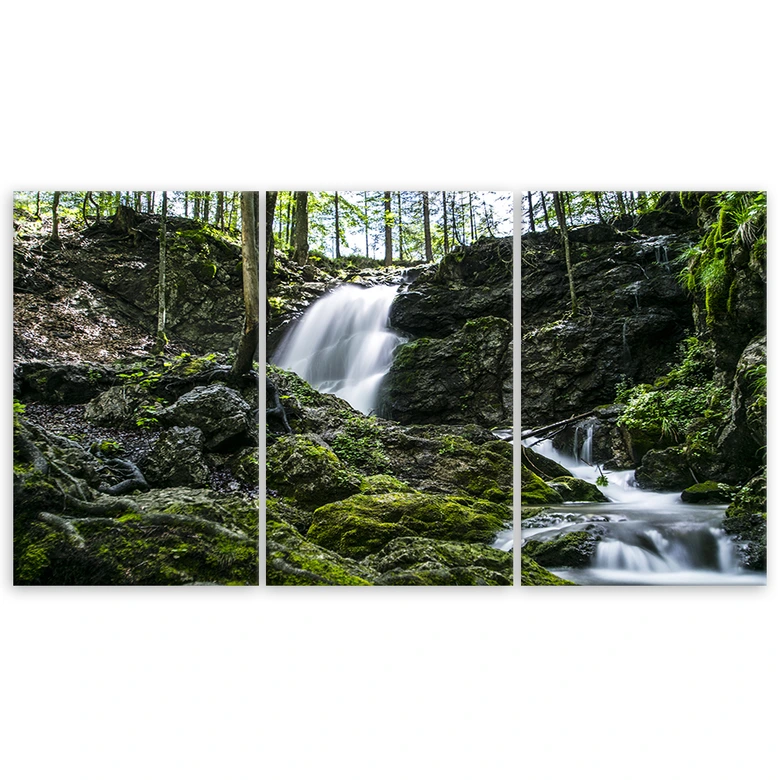 Leinwandbild 3-teilig, Wasserfall Wald Felsen 