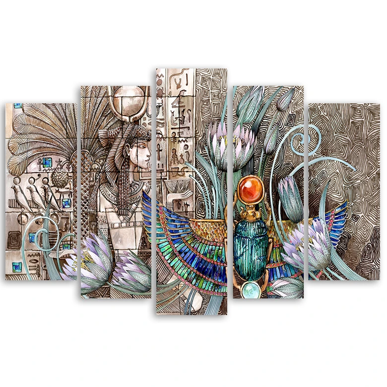 Leinwandbild 5 teilig, Ägyptische Hieroglyphen und Skarabäen 