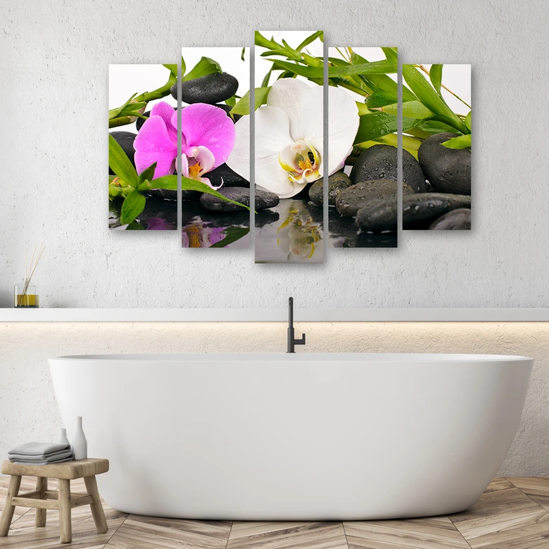 Wandbild 5-teilig, Zen Blumen Bambus Stein 