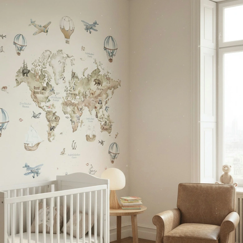 Wall Mural World Map Graphic Kids, non-woven wallpaper classic matt in beige 2,70 x 1,59 m 