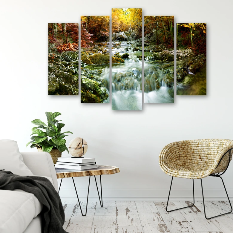 Leinwandbild 5 teilig, Herbst Wald Wasserfall Felsen 