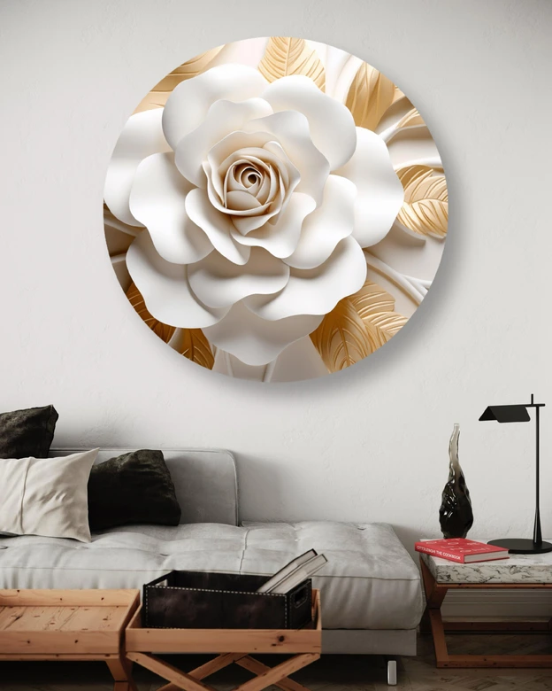 Rundes Leinwandbild AI Weißes Gold Blume 3D 