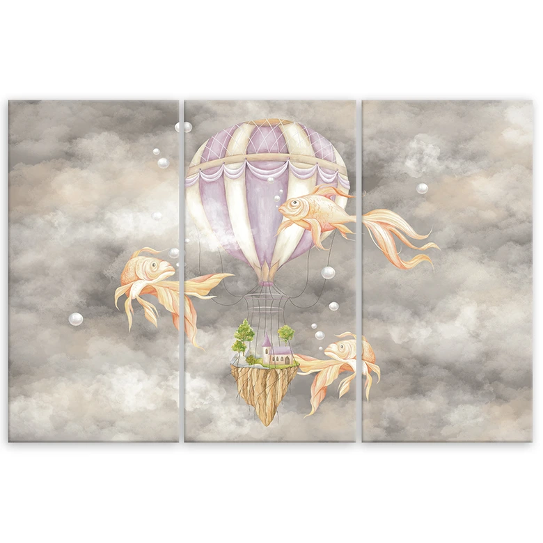 Leinwandbild 3 teilig, Heißluftballon fliegendes Haus und Fisch 