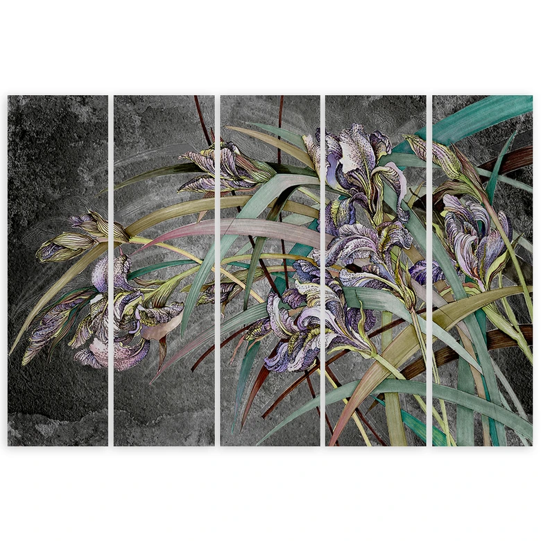 Leinwandbild 5 teilig, Iris Blumen im Wind 