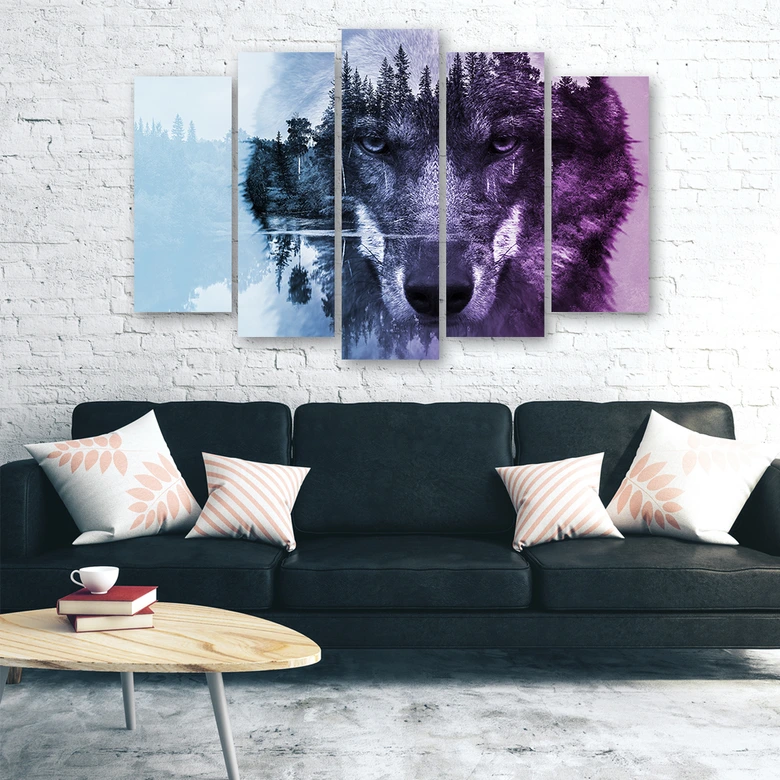 Leinwandbild 5 teilig, Wolf Tiere Wald Violett 