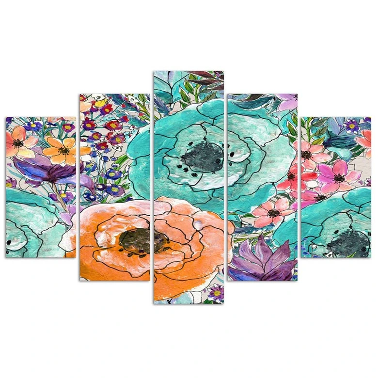 Leinwandbild 5 teilig, Bunte Blumen Abstrakt 