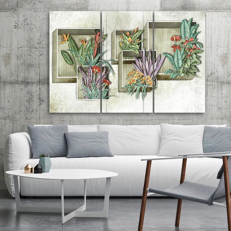 Leinwandbild 3 teilig, Quadratkisten Regale mit Blumen 